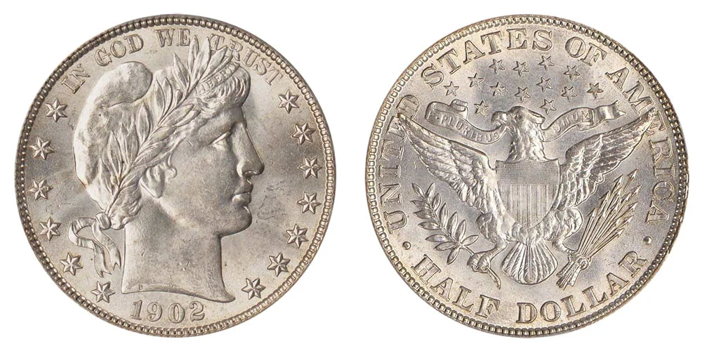 1902 Barber half dollar obverse and reverse showing Liberty portrait and eagle design