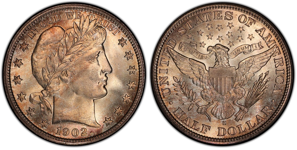 Side-by-side comparison of 1902 Philadelphia (common) and 1902-S San Francisco (semi-key) Barber half dollars showing mint mark location