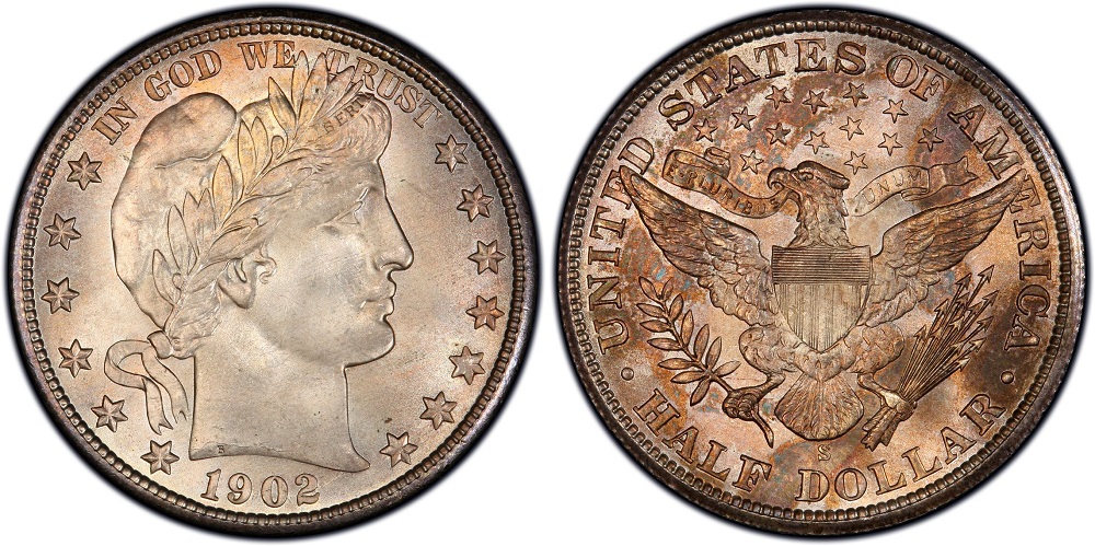 1902-S Barber half dollar reverse showing S mint mark below eagle tail feathers