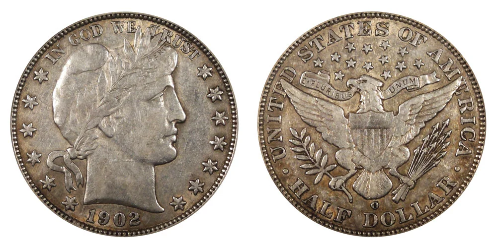1902-O Barber half dollar reverse showing exceptional sharp strike with complete eagle claws and shield detail