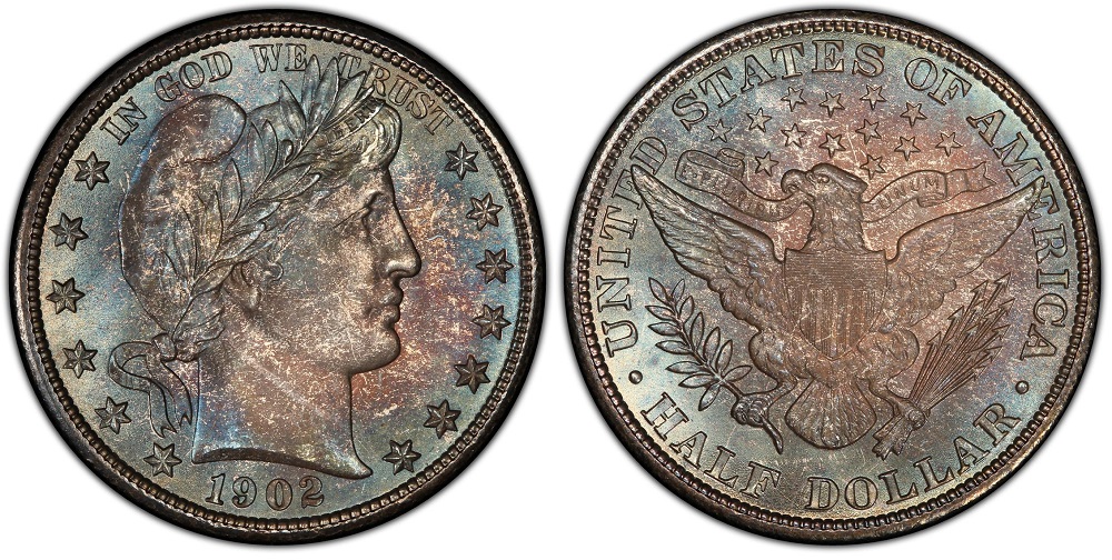 Group photograph of 1902 Barber half dollar varieties from Philadelphia, New Orleans, and San Francisco mints