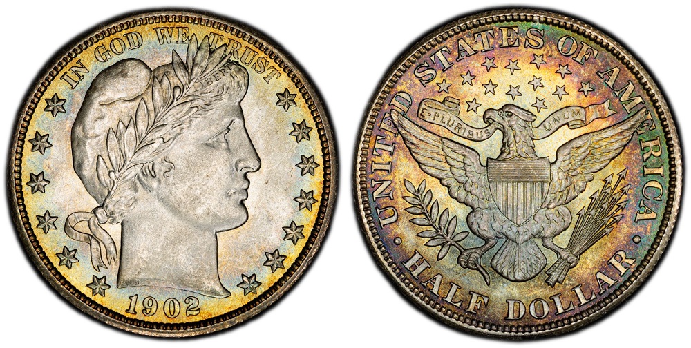 Grading strip showing four 1902 Barber half dollars from Good through Gem Mint State condition
